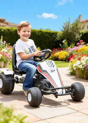 Pedal Go Kart Children Ride on Car Racing Style with Adjustable Seat, Plastic Wheels, Handbrake and Shift Lever, White
