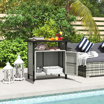 Outdoor Pool Towel Storage Cabinet Organizer, Outdoor Bar Table with Shelf and Cabinet, Pool Towel Holder Pool Valet with Weather-Resistant PE Rattan and Steel Frame, Gray