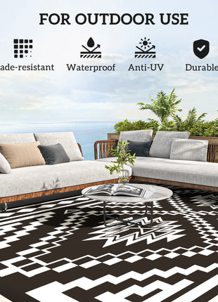 Reversible Outdoor Rug, Waterproof Plastic Straw with Carry Bag, 9' x 18', Black & White Square Patchwork