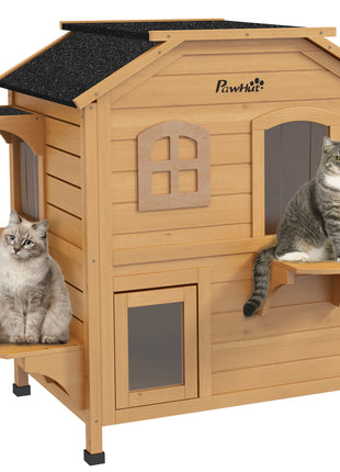  2-story Cat House Outdoor, Weatherproof Wooden Cat Enclosure for Feral Cats with Escape Door, Openable Roof, Jumping Platforms, Natural