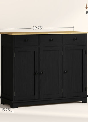 Kitchen Storage Cabinet, Sideboard Floor Cupboard with Solid Wood Top, Adjustable Shelf, and 3 Drawers, Black Wood Grain