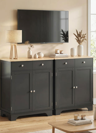 Kitchen Storage Cabinet, Sideboard Floor Cupboard with Solid Wood Top, Adjustable Shelf, and 2 Drawers, Black