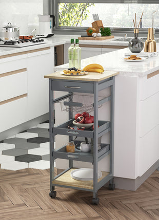 Mobile Kitchen Cart, Rolling Kitchen Island with Storage, Utility Cart with Wire Fruit Baskets, Trays and Drawer, Gray