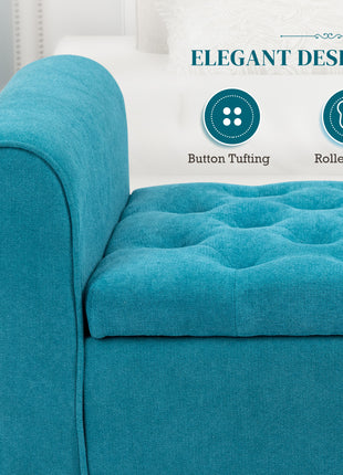 50 Inches Storage Ottoman, End of Bed Bench with Rolled Arms, Wood Legs, Button Tufted Storage Bench, Teal