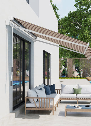 10' x 8' Retractable Awning, Patio Awnings, Sunshade Shelter w/ Manual Crank Handle, UV & Water-Resistant Fabric and Aluminum Frame for Deck, Balcony, Yard, Red & Beige
