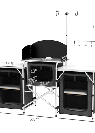 Aluminum Camping Kitchen, Portable Folding Camping Table with Fabric Cupboards, Windshield, Bag for BBQ, Picnic, Black