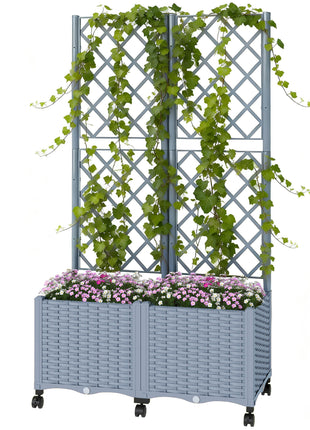 Planter Box with Trellis, Self Watering Raised Garden Bed with Lockable Wheels and Drainage Holes, Gray