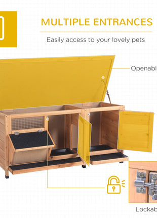 Large Bunny Hutch, Rabbit Cage with 2 Outside Areas and 1 Main House for Small Animals, Yellow