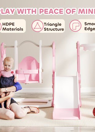 4 in 1 Toddler Slide and Swing Set with Climber, Basketball Hoop, Rabbit Themed Kids Playset for Ages 1.5-4, Pink
