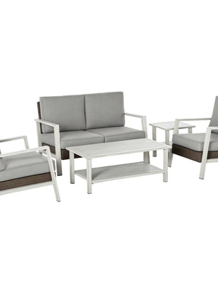 Aluminum Patio Furniture Set, 5 Piece Modern Outdoor Conversation Set with Loveseat Sofa, Chairs, Cushions, Coffee Table & Side Table, Gray