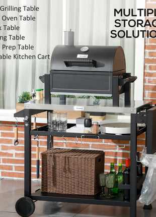 3-Shelf Outdoor Grill Cart Table with Foldable Side Table, Stainless Steel Pizza Oven Stand on Wheels, Black