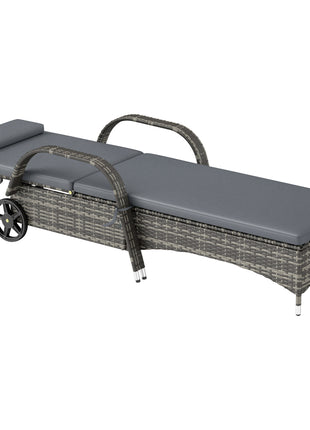 Outdoor Chaise Lounge, 5-Level Adjustable Backrest Rattan Pool Lounge Chair with Wheels, Cushion & Headrest, Gray