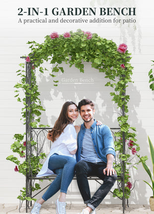 Metal Trellis Arbor Arch for Climbing Plants with Garden Bench, Grow Grapes and Vines, Decorative Seating,  Black