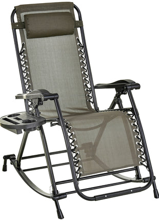 Outdoor Rocking Chairs, Foldable Reclining Zero Gravity Lounge Rocker with Pillow, Cup & Phone Holder, Combo Design with Folding Legs, Gray