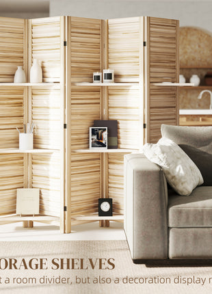 5 Panel 67" Tall Wood Privacy Screen Room Divider with 3 Shelves and Folding Storage for Bedroom, Natural Wood