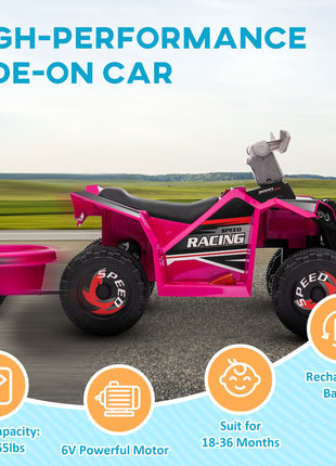 6V Electric Toy Car with Back Trailer, Forward Backward, Wear-Resistant Wheels for Ages 18-36 Months, Pink
