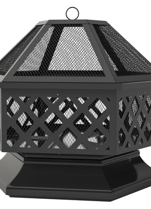 28" Outdoor Fire Pit with Grill Hexagon Fireplace Wood Burning Firepit with Cooking Grate, Fire Poker, Spark Screen Lid