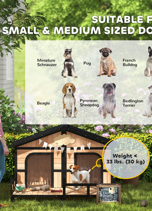 Dog House Outdoor, Wooden Dog Kennel Weatherproof with Porch, Openable Roof, Removable Bottom, Elevated Floor, Double Room for 2 Small to Medium Breeds, Natural