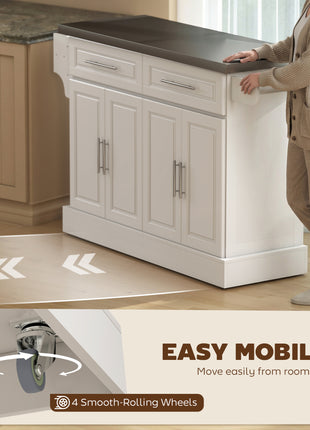 Rolling Kitchen Island Cart with 47" Stainless Steel Top, Portable Island Table for Kitchen with Wheels, Adjustable Shelves, 2 Drawers, Spice, Knife and Towel Rack, White
