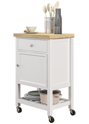 Kitchen Island on Wheels, Rolling Kitchen Cart with Rubberwood Top, Drawer, Wine Rack and Cabinet, White