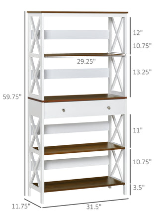 4-Tier Shelving Bookcase Storage Cupboard with Pull Out Drawer, and Wooden Frame with X Bar Stability, White