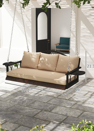 3 Person Wicker Hanging Outdoor Patio Porch Swing Bench with Cup Holders, Cushions, and Chains, Brown