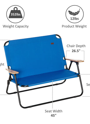 Double Folding Camping Chair, Loveseat for 2 Adults, Portable Camping Couch with Wood Armrest & Cupholders, for Backpacking, Beach, Sports Travel, Blue