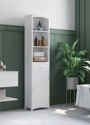 Bathroom Storage Cabinet, Free Standing Bathroom Storage Unit, Tall Linen Tower with 3-Tier Shelves and Drawer, White