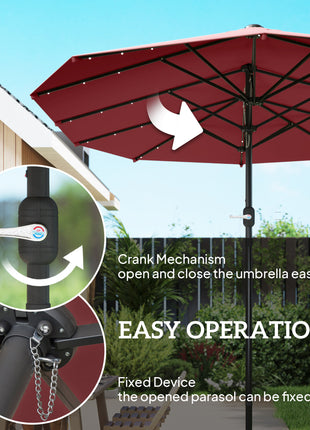 Garden Parasol 14.4ft Double-Sided Sun Umbrella with Base, Patio Parasol with LED Solar Lights, Wine Red