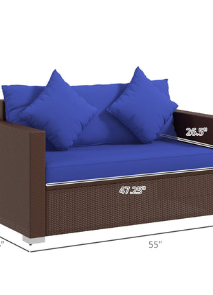 Wicker Loveseat, Patio Furniture Couch with Cushions, 2 Seat PE Rattan Sofa, 2 Throw Pillows, Blue