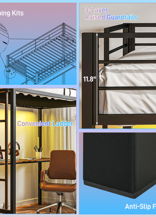 Twin Size Loft Bed with Desk, LED Lights, Charging Station, Twin Metal Loft Bed Frame with Ladder, Black