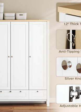 3 Doors Wardrobe Closet with 2 Drawers, Bedroom Armoire with Lockable Drawer, Hanging Rod and Storage Shelves, White