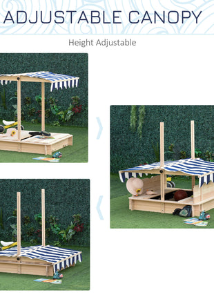 Covered Sandbox, Wooden，with Cover Adjustable Canopy, Detachable Seats and Backrests, Kids Sandbox with Convertible Bench Seat, Bottom Liner, Natural Blue