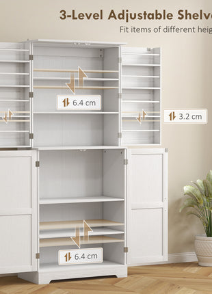 Farmhouse Kitchen Pantry, 72" Tall Pantry Cabinet with 4 Barn Doors, 4 Adjustable Shelves and 8 Door Shelves, White