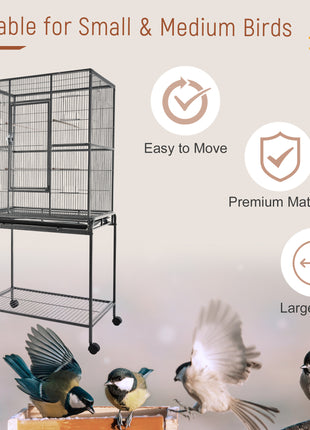 30" Rolling Metal Bird Cage Feeder with Detachable Rolling Stand, Storage Shelf, Wood Perch & Food Container