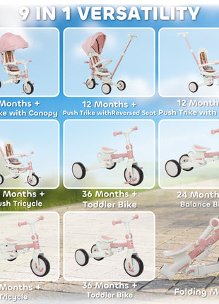 7 in 1 Tricycle Stroller for Toddler 1-5 Years w/ Adjustable Push Handle, Rotatable Seat, Removable Canopy, Pink