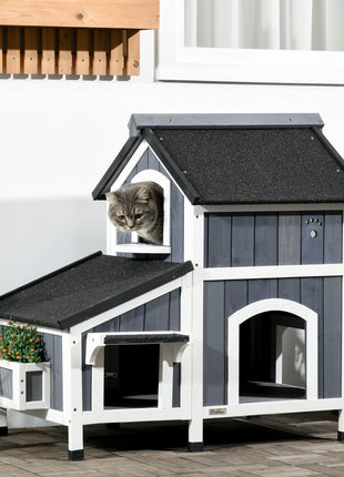 Outdoor Cat House with Weather-resistant Roof & Garden Bed, Outdoor Cat Shelter Enclosure with Multiple Entrances, Modern Cat Furniture Hideout, Cat Gifts, Gray