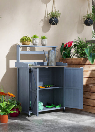 Outdoor Wooden Potting Bench with Storage Cabinet, Shelves, Galvanized Plated Tabletop for Backyard, Balcony, Gray