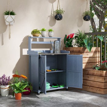 Outdoor Wooden Potting Bench with Storage Cabinet, Shelves, Galvanized Plated Tabletop for Backyard, Balcony, Gray