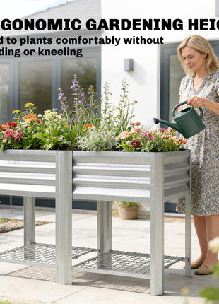 Raised Garden Bed Galvanized Steel, Elevated Planter Box with Storage Shelf, Bed Liner, 31.5" High, Silver