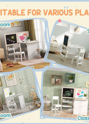 3 in 1 Kids Table and Chair Set with Storage, Whiteboard, Blackboard & Roll Paper for 3-8 Years, White