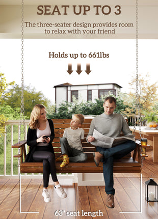 3-Seater Swing Bench, Wooden Porch Swing with Cupholders, Hanging Chains for Patio Garden, Carbonized