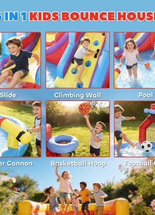 Inflatable Water Slide 6 in 1 with 480W Blower, Bounce House with Climbing Wall, Splashing Pool, Basketball Hoop
