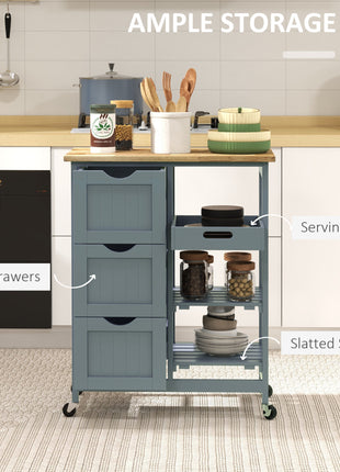 Rolling Kitchen Cart, Kitchen Island with Wood Top, Shelves & Drawers for Dining Area, Gray