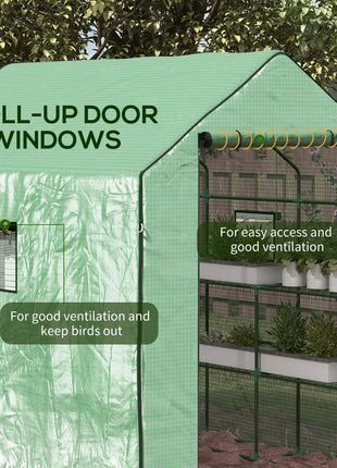 4.6' x 4.7' Portable Greenhouse, Water/UV Resistant Walk-In Small Outdoor Green House with 2 Tier U-Shaped Flower Rack Shelves, Roll Up Door & Windows, Green