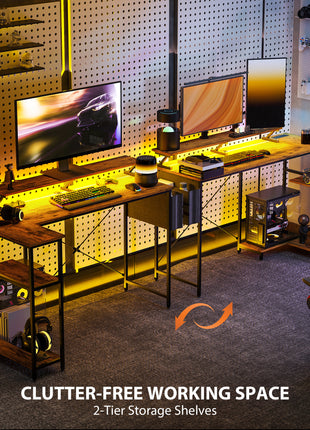 58" Reversible L Shaped Computer Desk, Corner Desk with Monitor Stand, Power Outlets and LED Lights, Rustic Brown