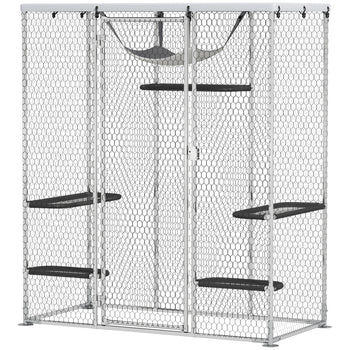 Catio Outdoor Cat Enclosure, Galvanized Steel Walk-in Cat Cage with Waterproof Cover, 5 Adjustable Platforms, Hammock