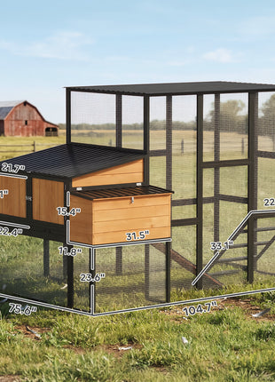 105" Large Chicken Coop, Walk-in Wooden Hen House for 7-12 Hens, Poultry Cage Chicken House with Run, 2 Nesting Boxes