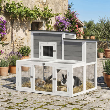 Wooden Rabbit Hutch, 2-Story Bunny Cage with Run, Waterproof & Openable Roof, Pull Out Tray and Ramp for 1-2 Rabbits