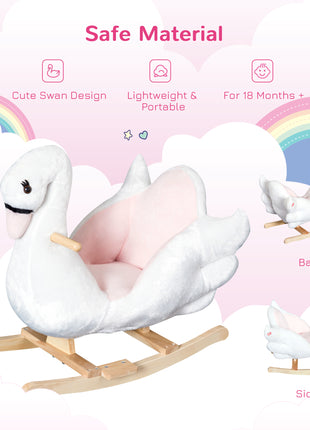 Kids Ride On Rocking Horse Plush Swan Style Toy with Music for Over 18 Months Children, White and Pink